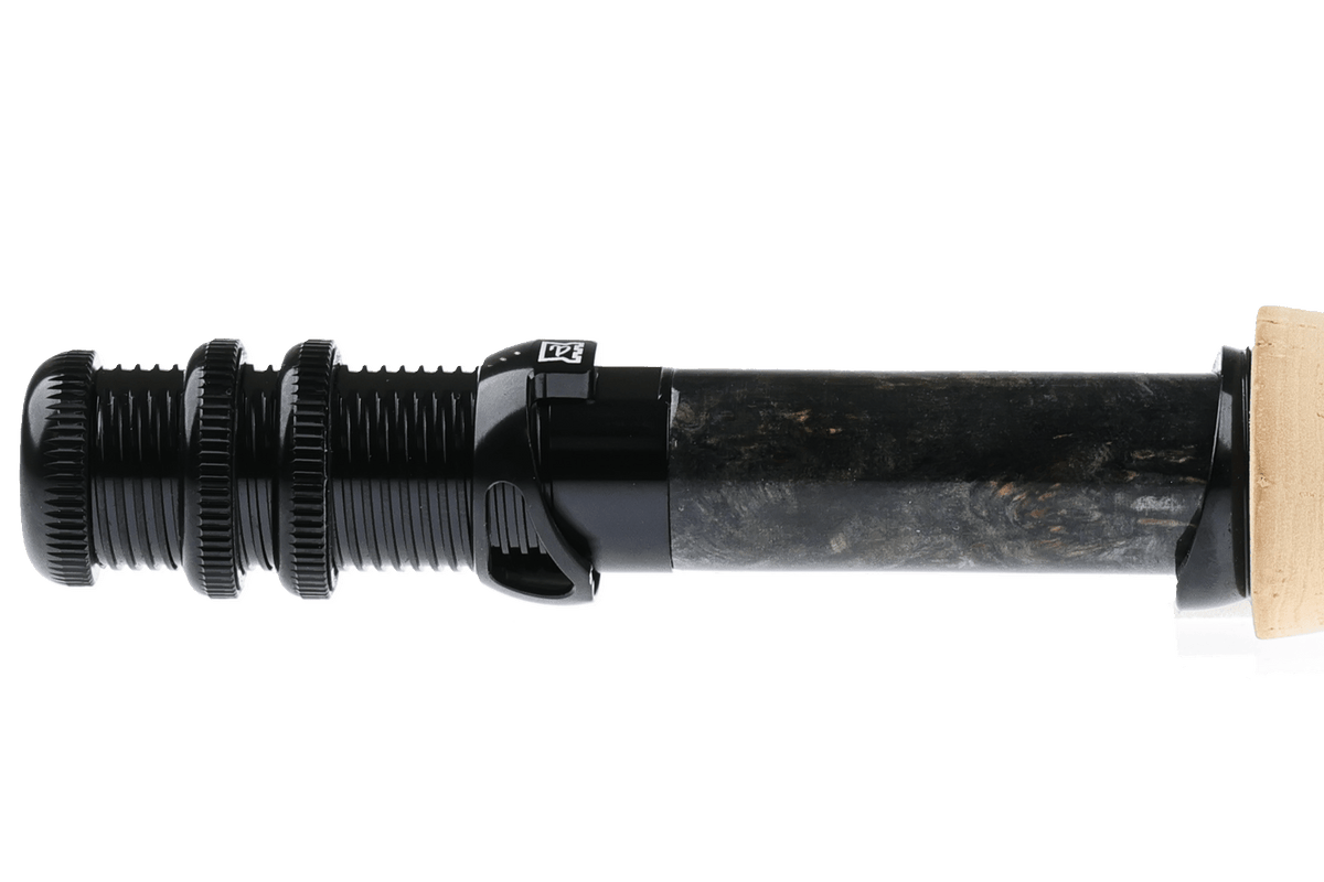 Hardy Aydon fly rod with black reel seat, cork grip, and segmented gear adjustment mechanism detail view