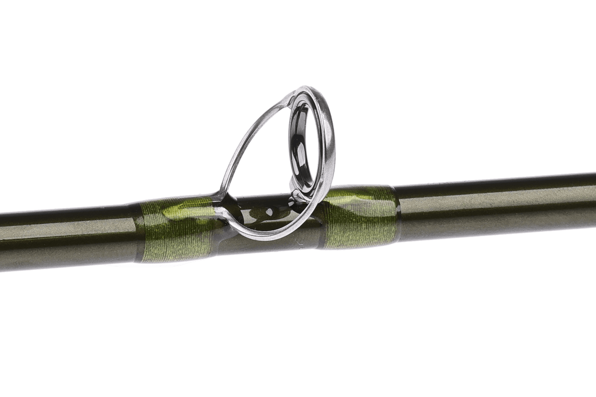 Hardy Aydon fly rod with chrome guide and olive grip wrapping on dark graphite blank