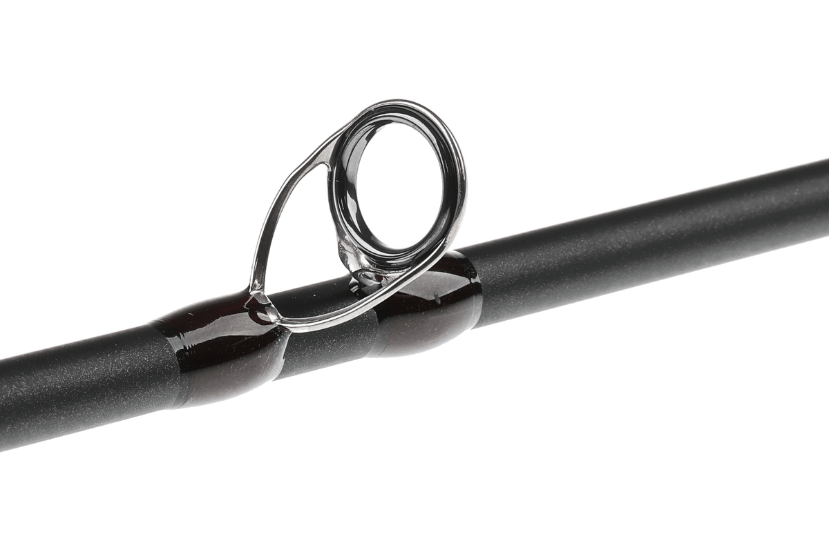 Hardy Firecrest black fly rod with polished chrome guide ring detail on white background