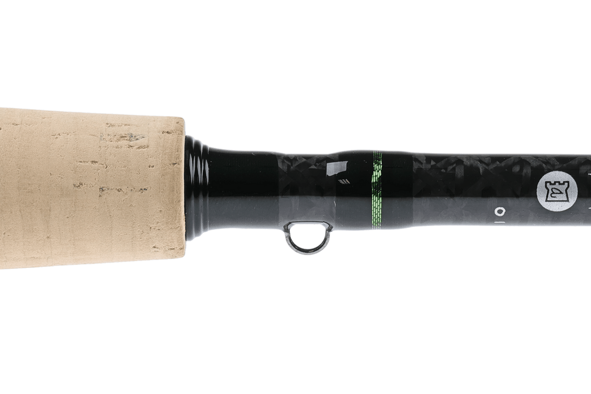 Hardy Tactus Dry Fly Rod with cork handle and black graphite shaft, detail view of reel seat and guide