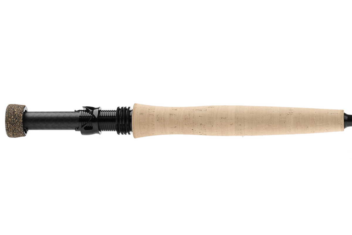 Hardy Tactus Dry Fly Rod with natural cork grip and black reel seat, side view on white background
