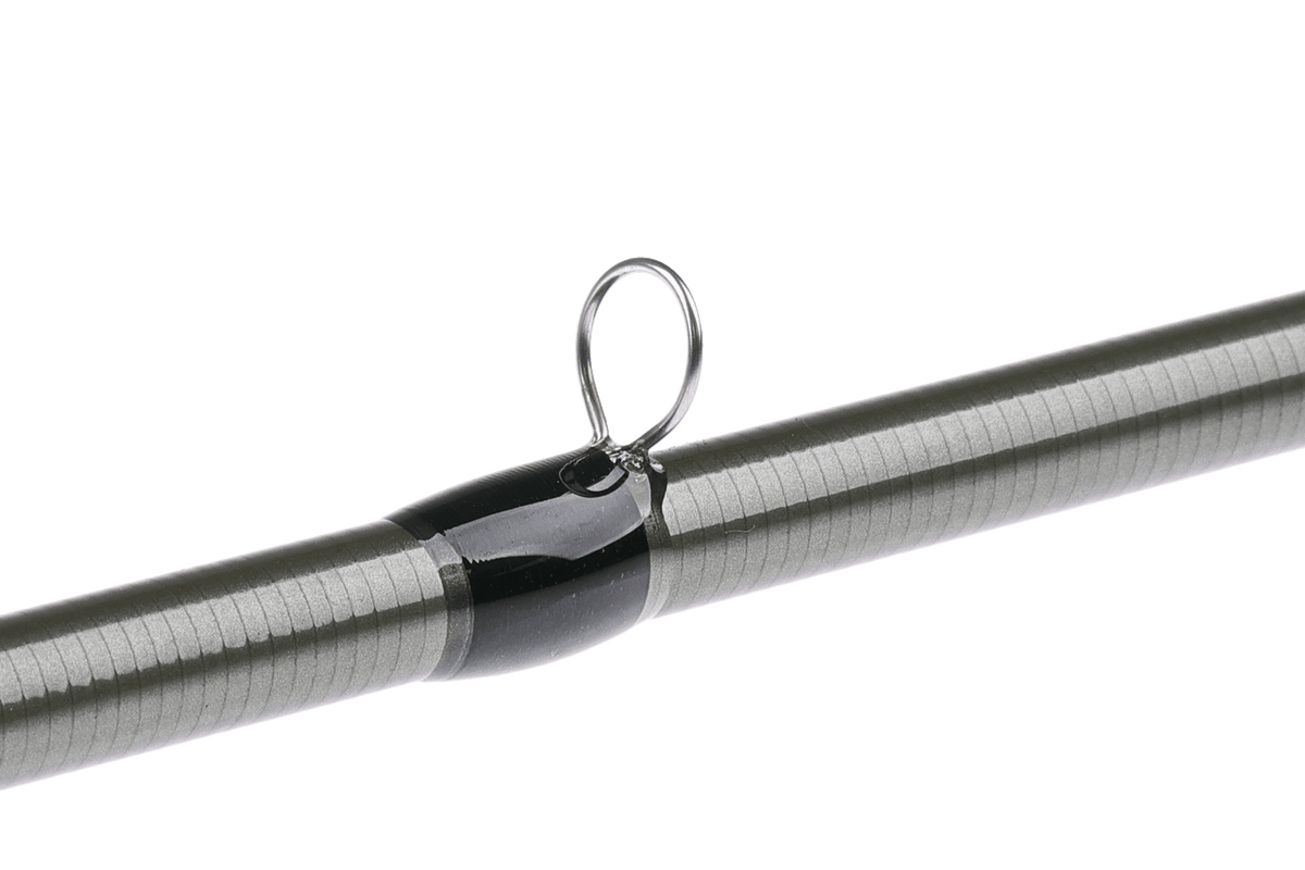 Hardy Tactus Dry Fly Rod with gray wrap and chrome guide detail against white background