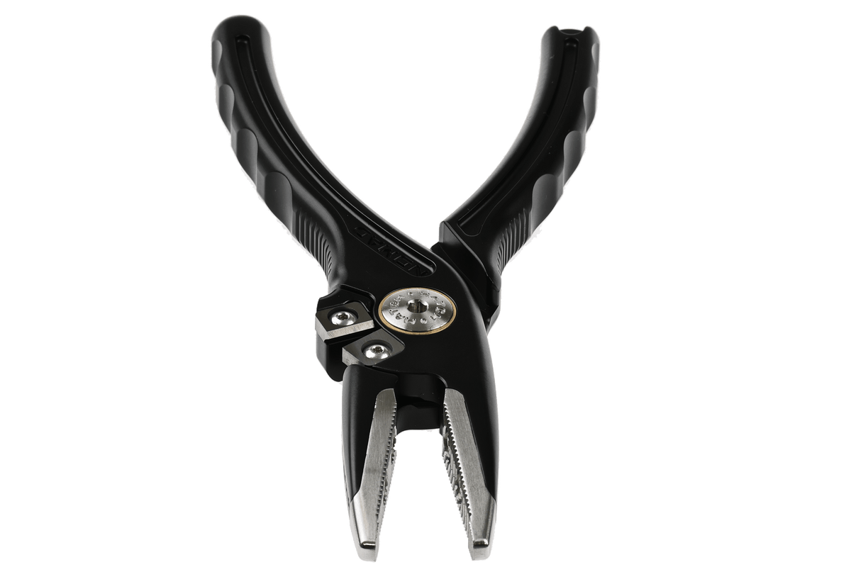 Hatch Nomad 2 black fishing pliers with stainless steel jaws and integrated gauge dial, premium angler tool