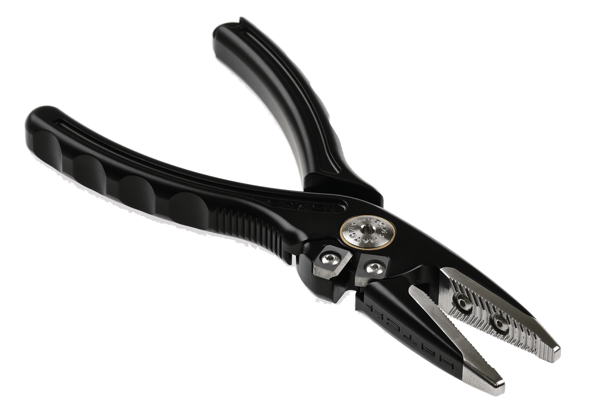 Hatch Nomad 2 black fishing pliers with stainless steel serrated jaws and adjustment dial, professional angling tool