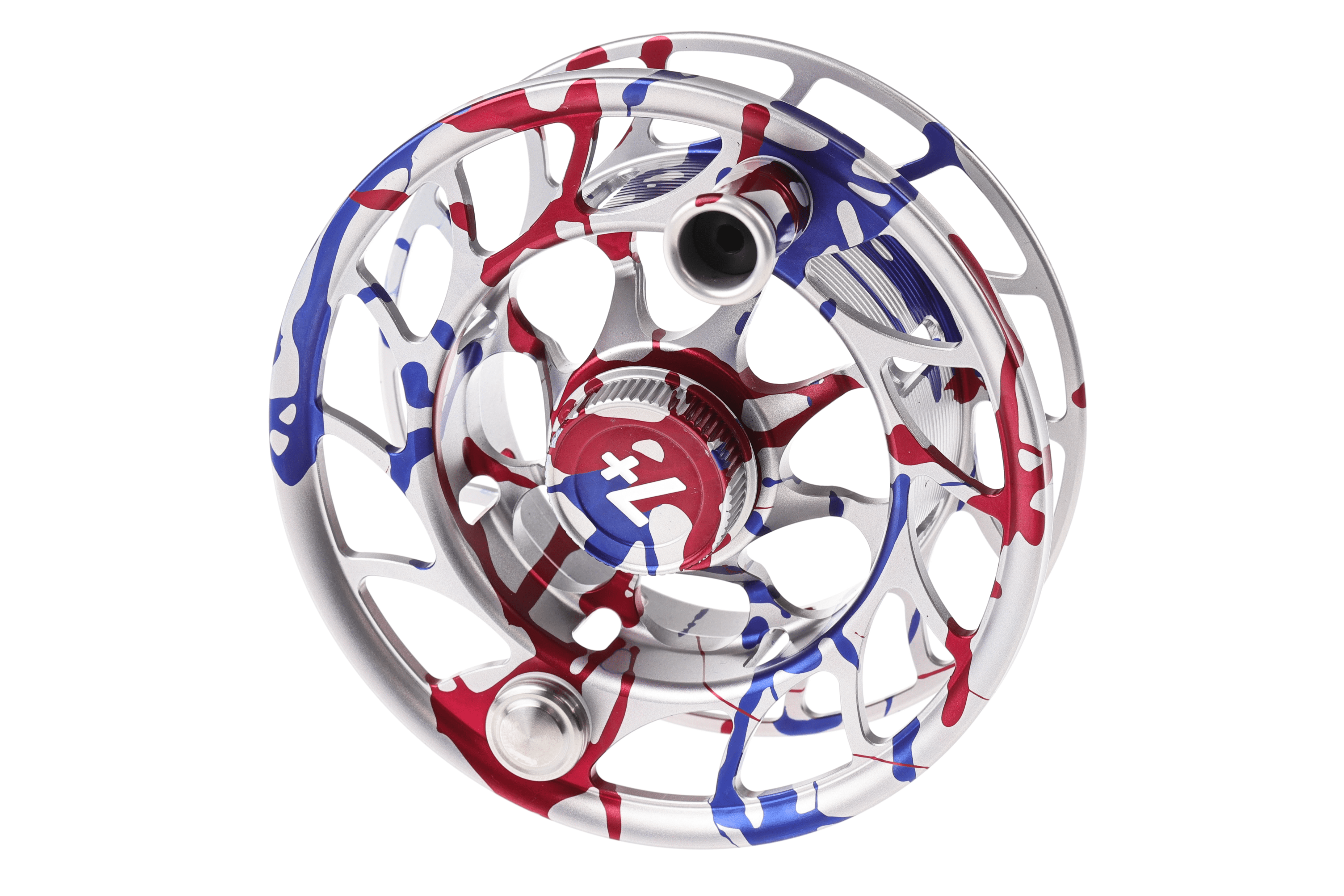 Hatch Iconic USA 250th large-arbor fly reel in machined silver aluminum with red, white and blue splatter finish