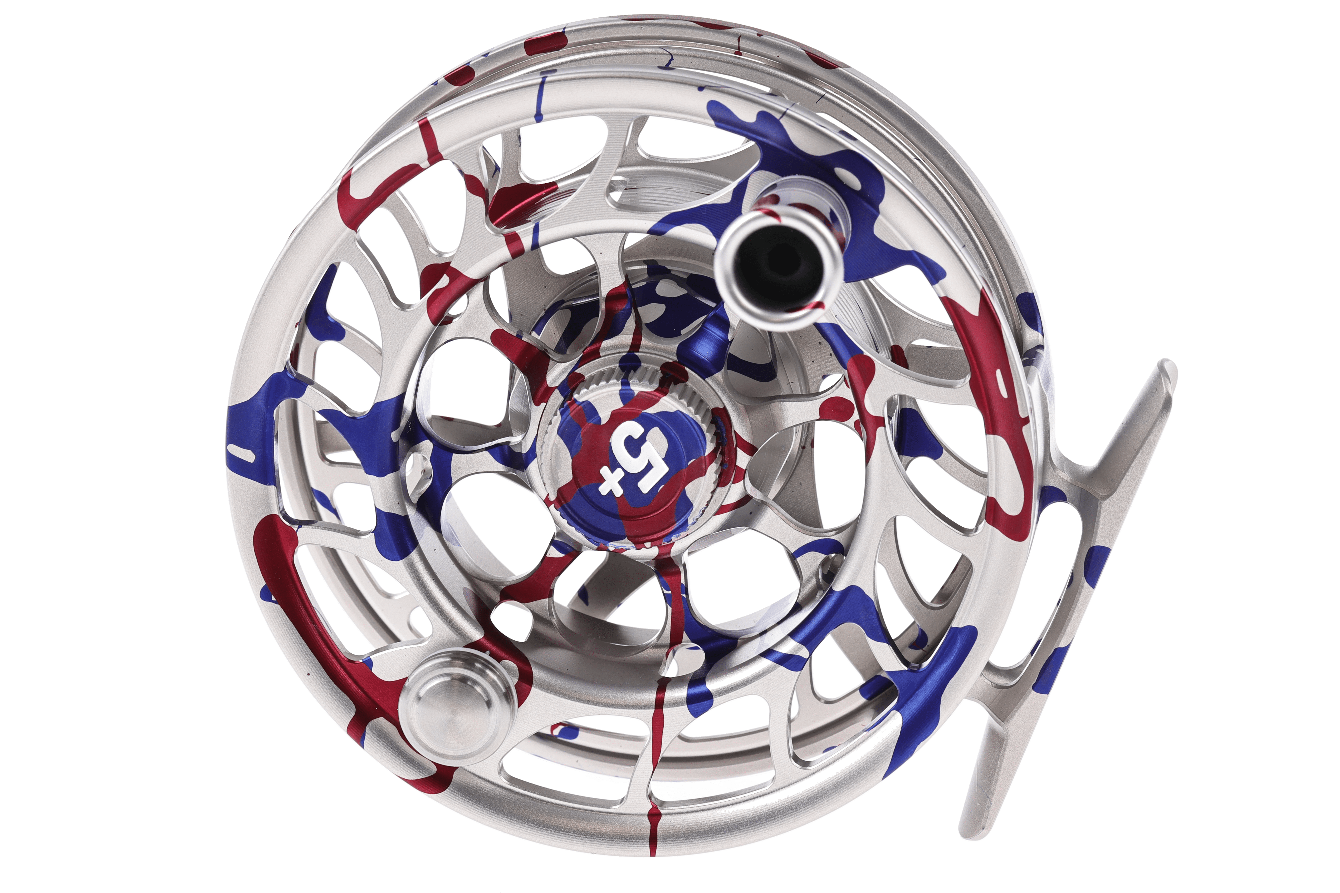 Silver machined aluminum Hatch fly reel with red and blue USA splash anodized finish, skeletonized large-arbor design