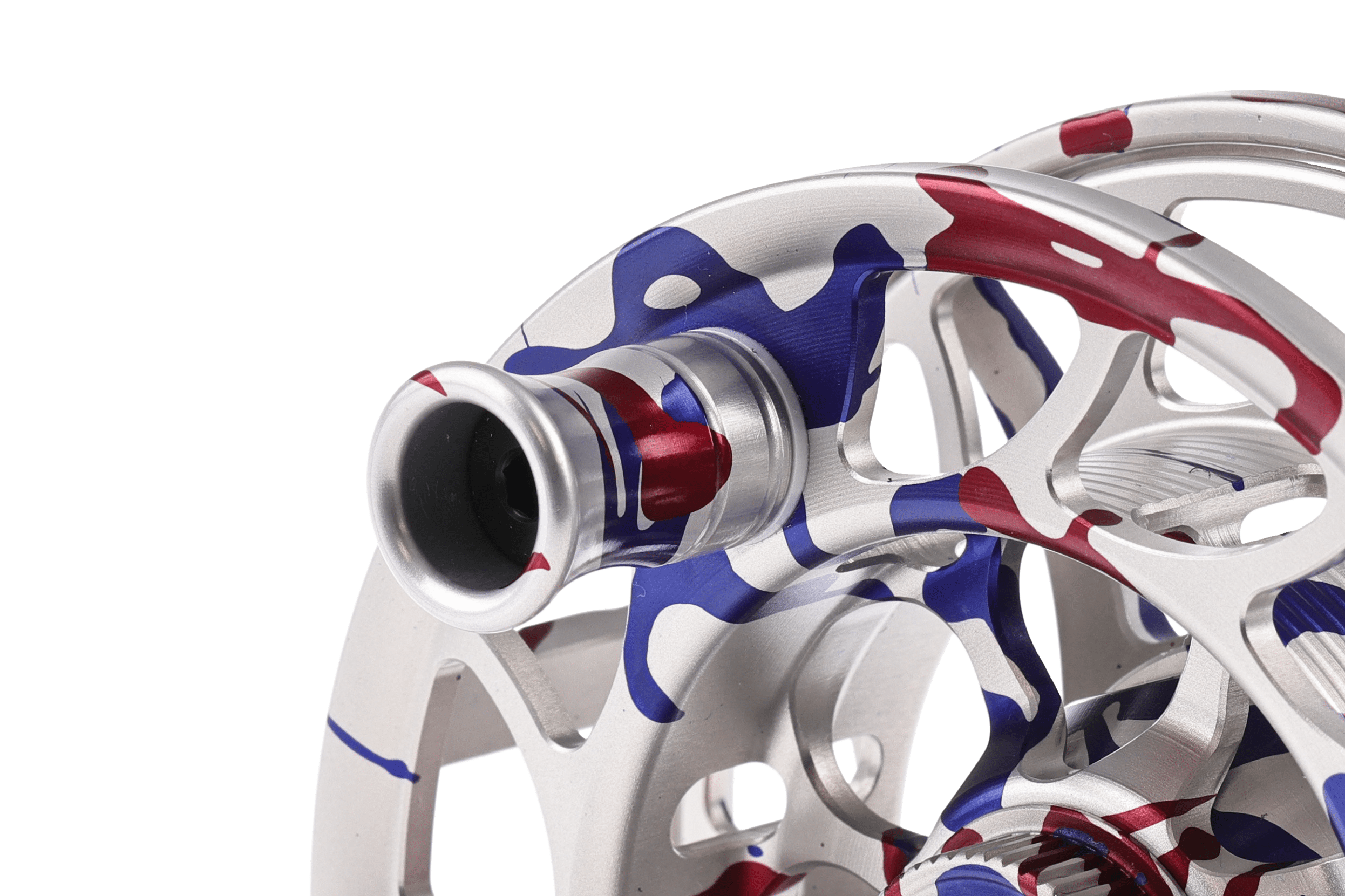 Hatch silver machined aluminum fly reel with red and blue USA camo splatter finish and precision cut spool