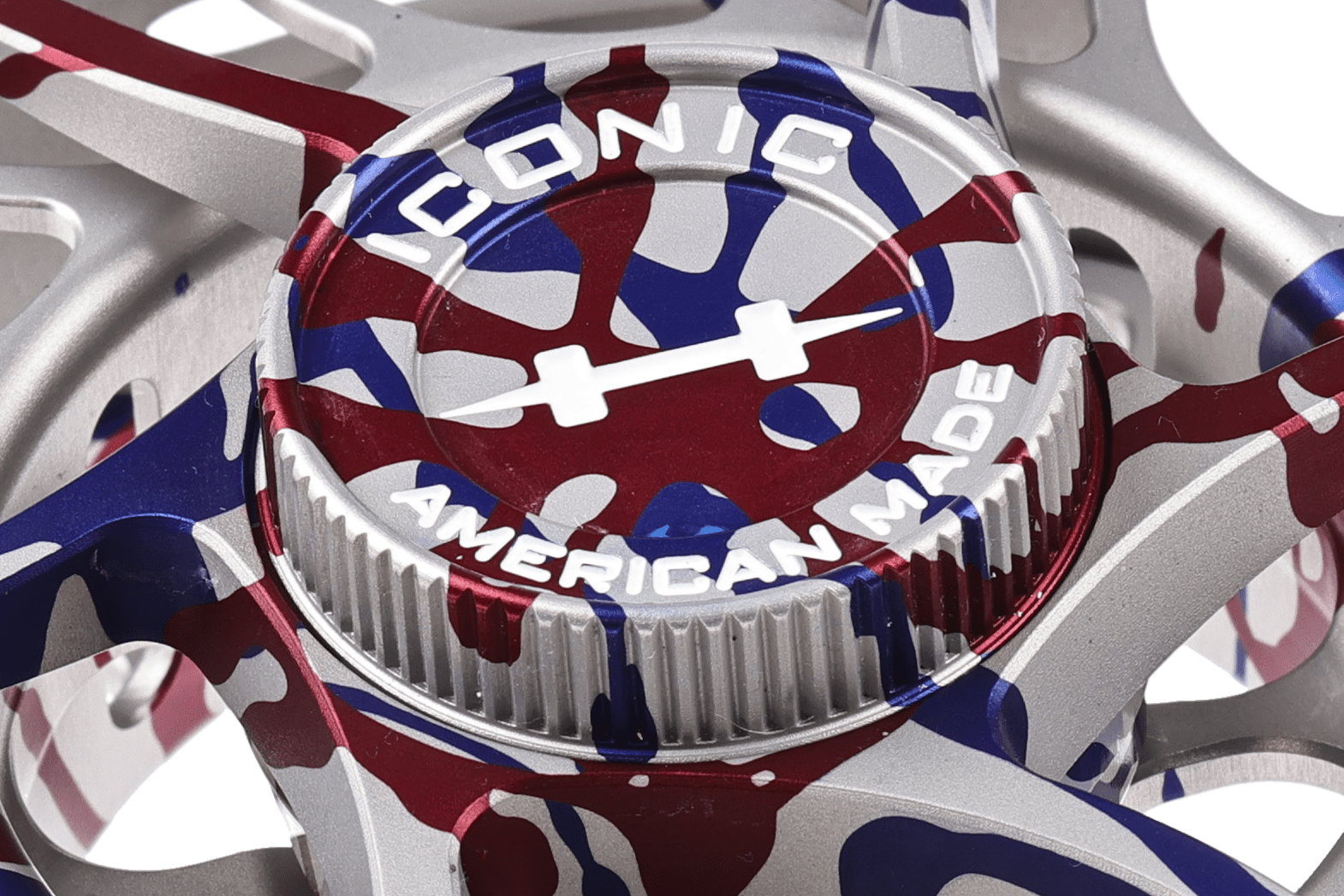 Hatch Iconic 250th Anniversary anodized aluminum fly reel with red, white and blue camo finish and knurled drag knob