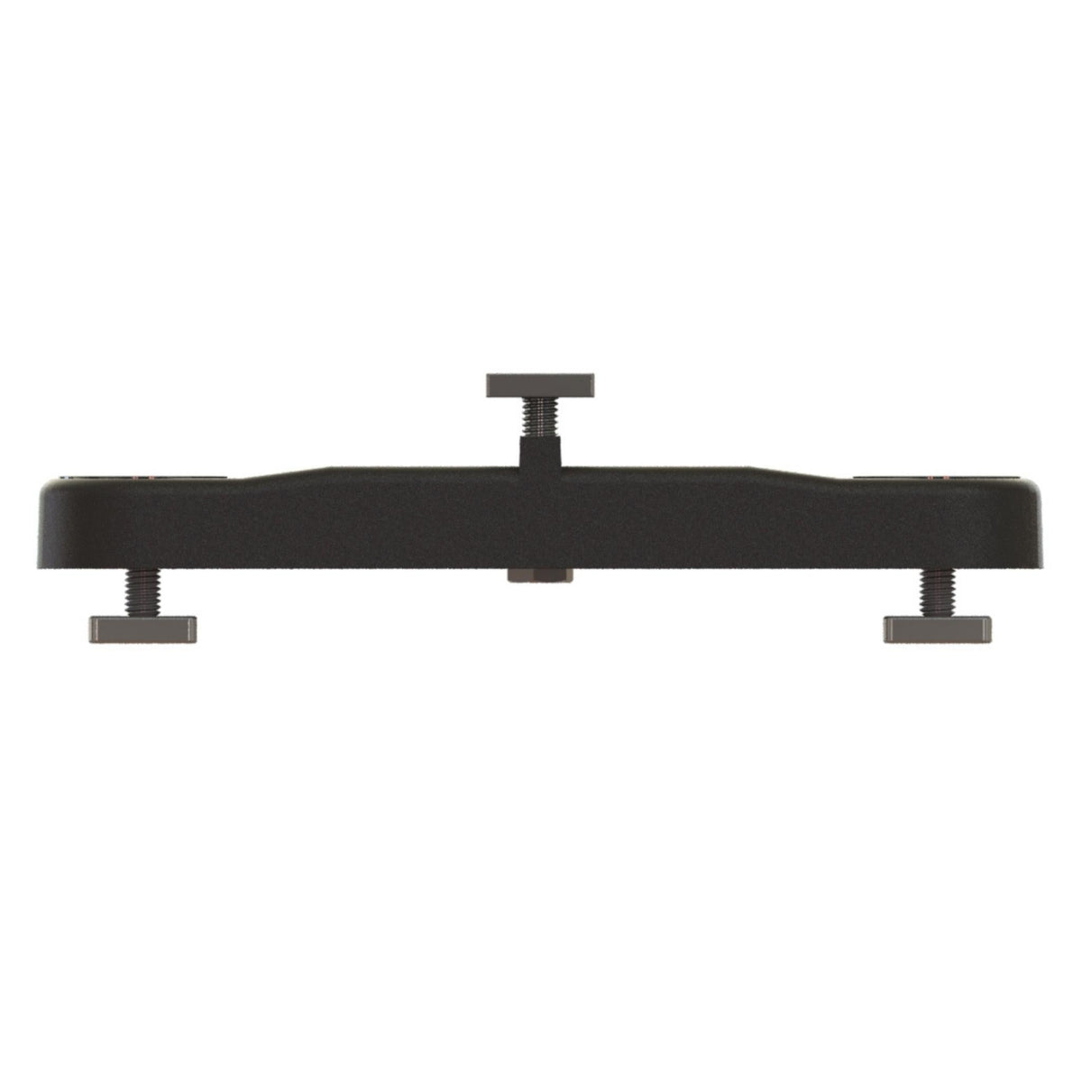 Black low-profile T-track mount with adjustable screws and feet for rod rack installation