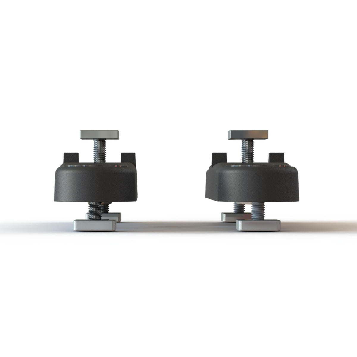 Riversmith Low-Profile T-Track Mount pair in black metal with threaded adjustment screws and chrome base plates