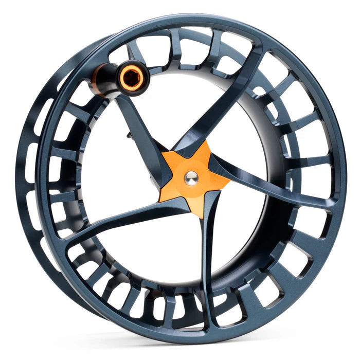 Lamson Litespeed F spare spool in dark blue anodized aluminum with orange star hub, skeletonized lightweight fly reel spool