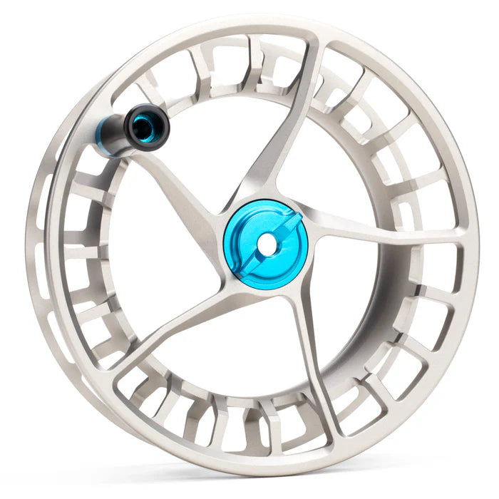 Silver machined aluminum Lamson Litespeed M spare fly reel spool, skeleton vented large-arbor with blue anodized drag