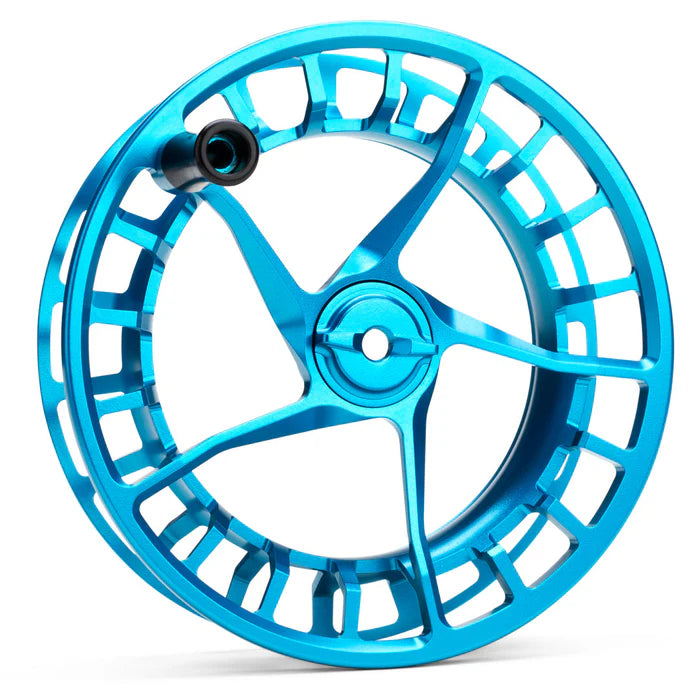 Lamson Litespeed M spare spool, anodized bright blue machined aluminum, skeletonized large-arbor fly reel spool