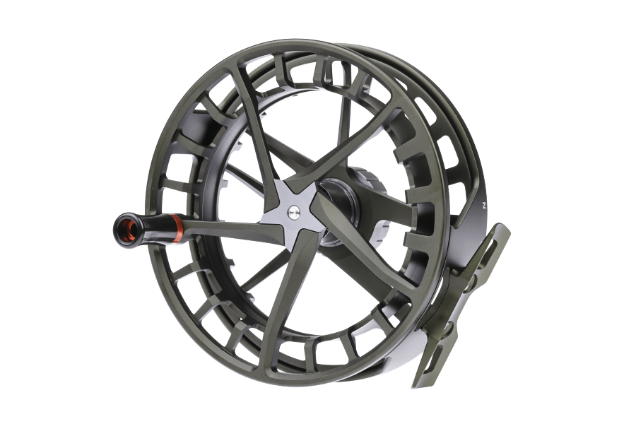 Lamson Hyperspeed F graphite fly reel with large arbor design and red accent handle knob