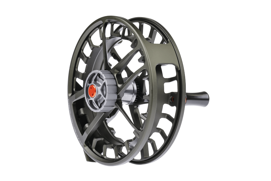 Olive green Lamson Hyperspeed F fly reel with open-frame aluminum spool, orange drag knob, and black handle on white