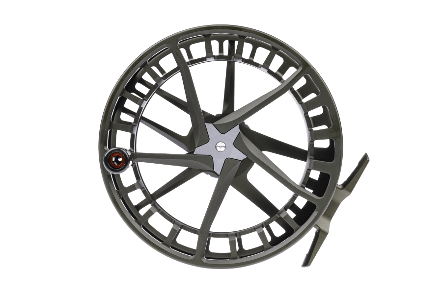 Lamson Hyperspeed F fly reel spool in olive green anodized aluminum with open spoke design and red-accented drag knob