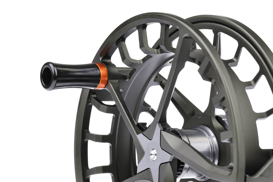 Lamson Hyperspeed F fly reel with black anodized aluminum spool, open cutout frame, and orange-accented black handle knob on
