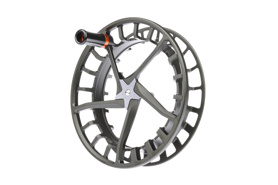 Olive gray Lamson Hyperspeed F fly reel spool with open cutout frame, spoked hub, and orange-accented black handle knob on