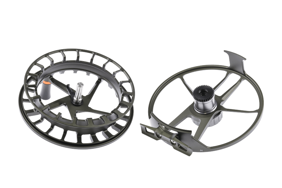 Olive green Lamson Hyperspeed fly reel spools shown separately, one with open spokes and orange accent, the other with a
