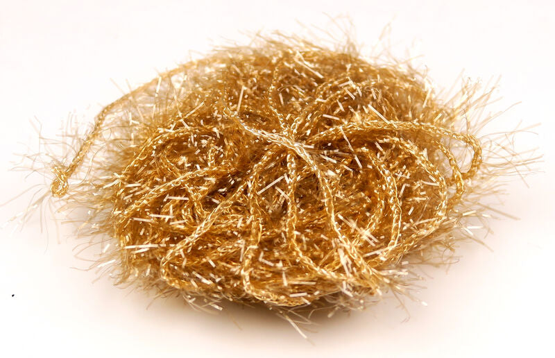 Gold Hareline Polar Chenille bundle with sparkling metallic tinsel fibers and fuzzy fringe, loose coil for fly tying