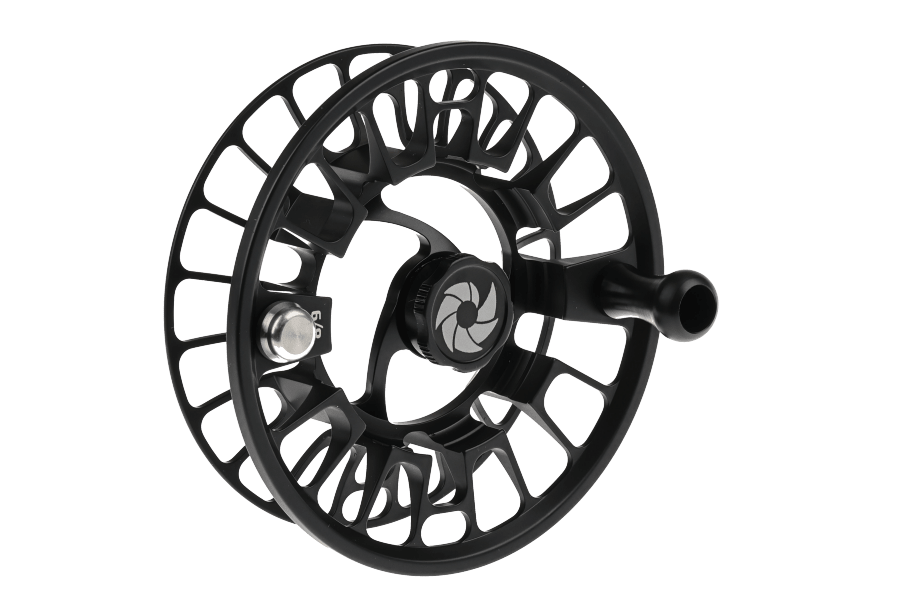 Matte black Nautilus GTR fly reel spare spool with open cutout frame, silver drag knob, and black handle knob