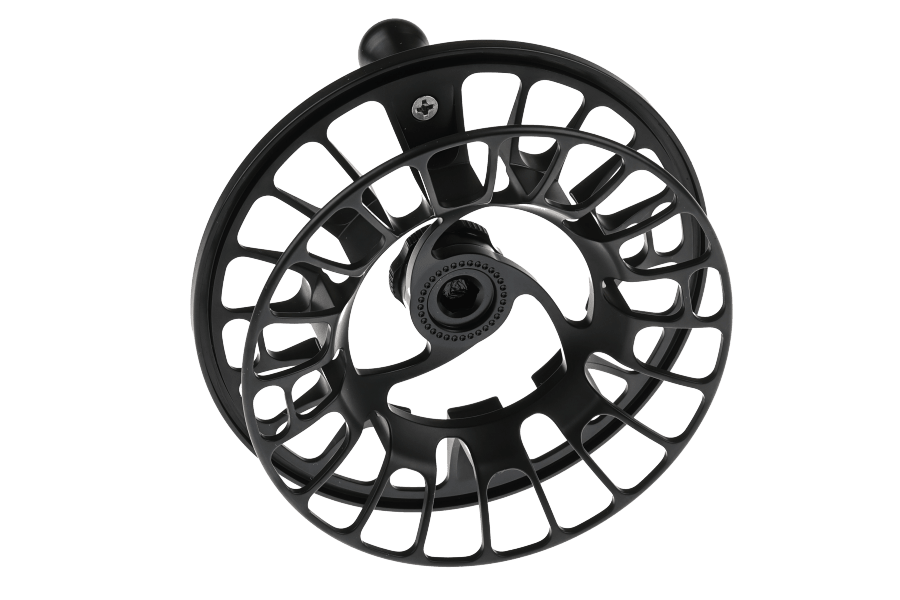 Black anodized fly reel spare spool with open-cut aluminum frame and large center knob, Nautilus GTR