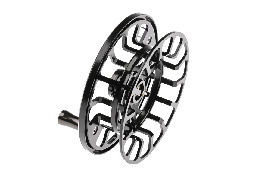 Black anodized aluminum fly reel spare spool with open cutout spokes and a tapered handle end, Orvis Hydros