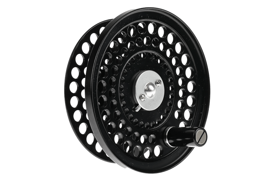 Black Orvis CFO III fly reel spare spool with perforated ventilation holes, silver center hub, and black handle knob.
