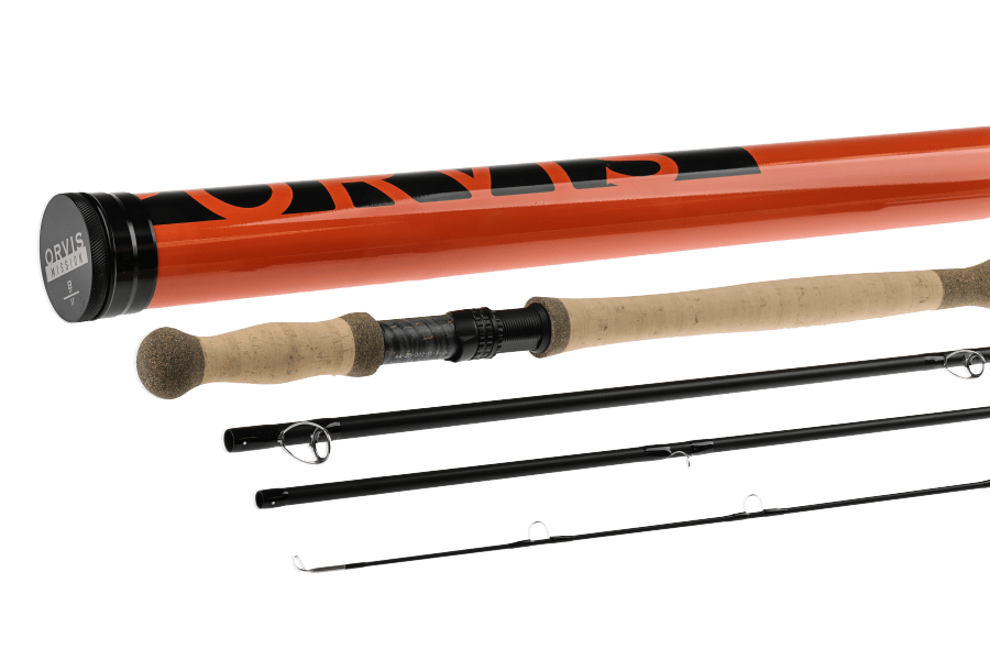Orvis Mission two-hand spey rod in four sections with cork handles, black blank, and orange aluminum tube