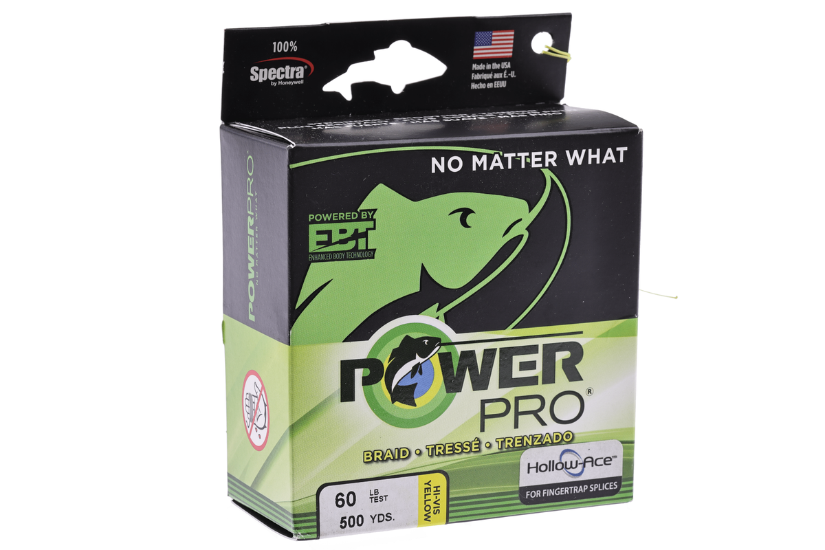 PowerPro Hollow Ace braided fishing line backing, 60lb test 500 yards, yellow hollow-core design for fingertrap splices