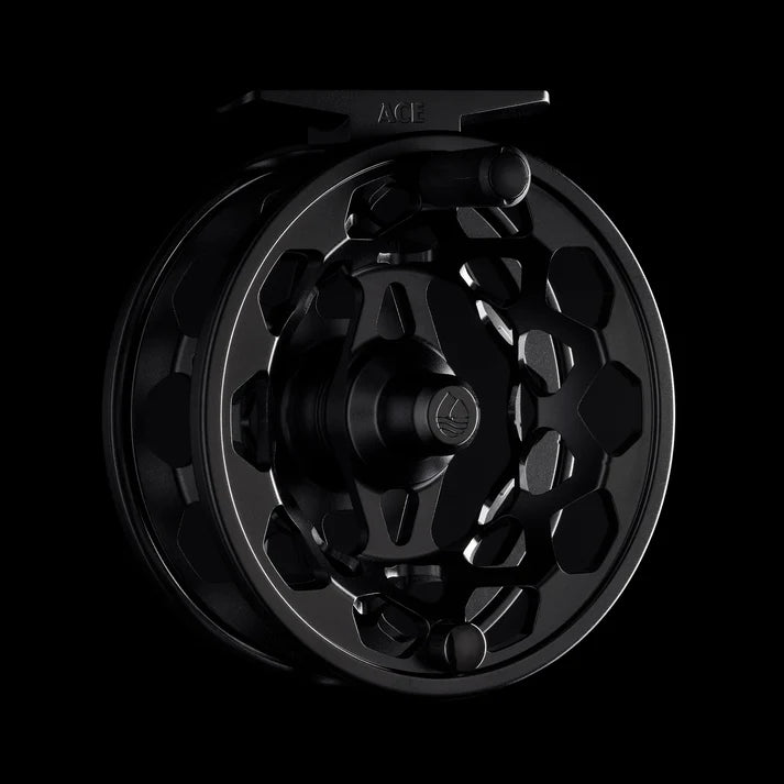 Black Redington Ace Tactical Edition fly reel with machined aluminum frame and large arbor design on dark background