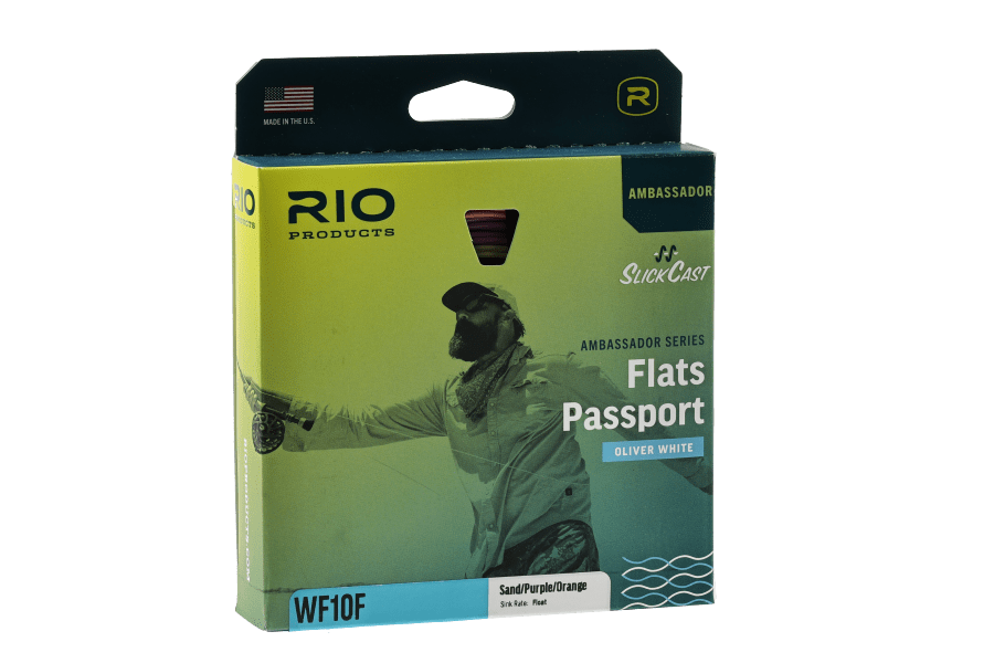 Rio Flats Passport WF10F fly line box, Oliver White Ambassador Series, sand/purple/orange color, made in USA