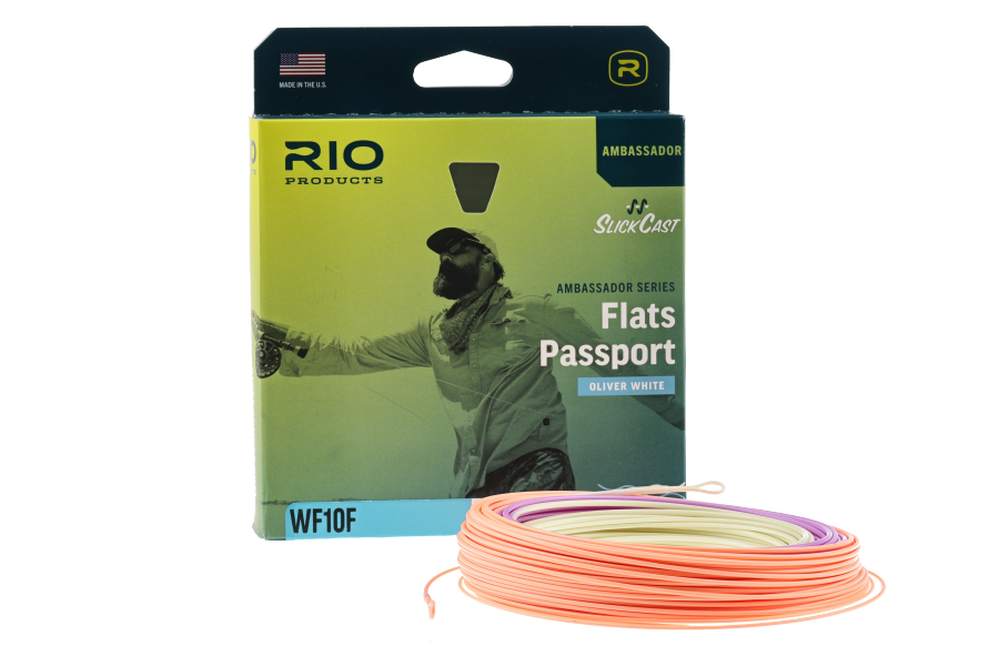 Rio Oliver White Flats Passport WF10F fly line coiled beside its green Ambassador Series box, showing peach, purple, and