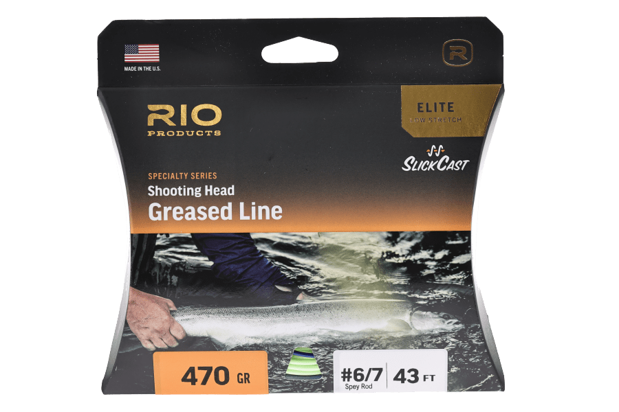 Rio Elite Greased Line 470 GR shooting head fly line package, #6/7 Spey rod, 43 ft, with angler and steelhead photo