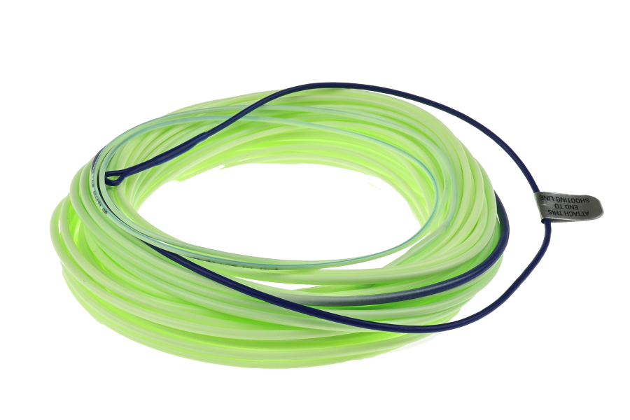 Coiled bright green fly fishing shooting head line with blue running line and tag reading "Attach this end to shooting line