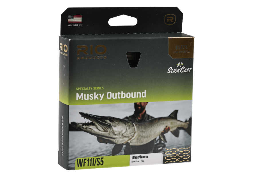 Rio Elite Musky Outbound fly line box, black/tannin WF11I/S5, featuring a musky fish and angler on a green and black package