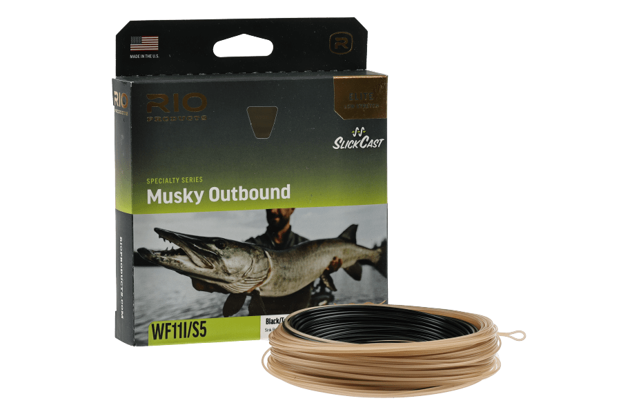 Rio Musky Outbound WF11I/S5 fly line coil with black and tan tapered core, shown beside its green and black Specialty Series