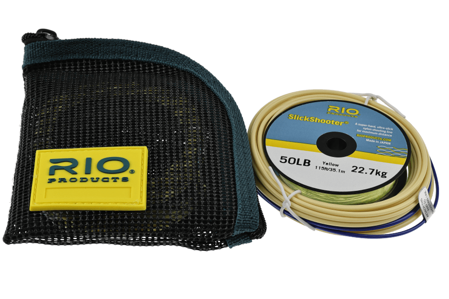 Rio SlickShooter 50LB yellow shooting line spool beside a black mesh Rio Products zip pouch with yellow logo patch