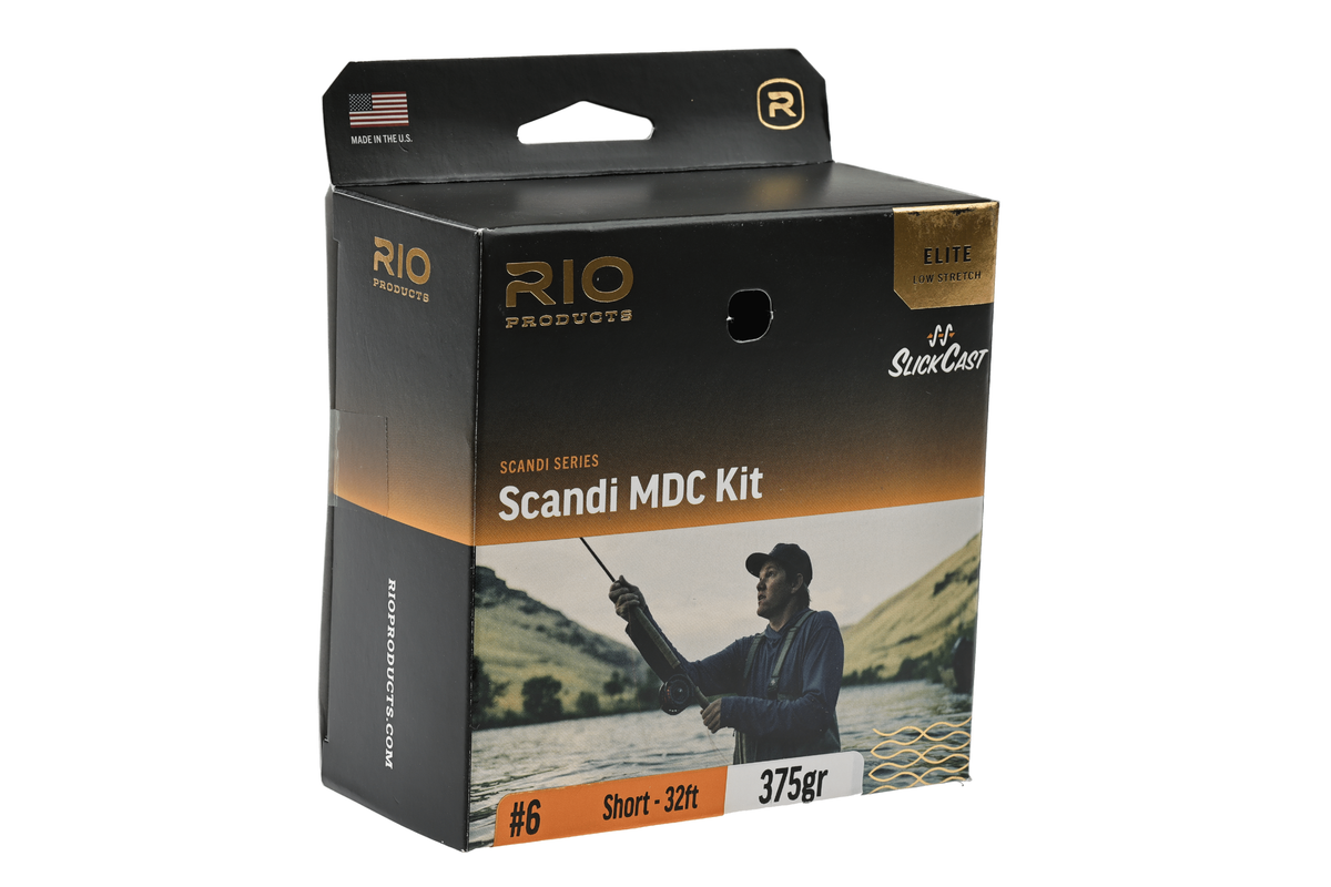 Black and gold RIO Scandi MDC Kit box with SlickCast logo, angler photo and labeling for short fly line (375gr)