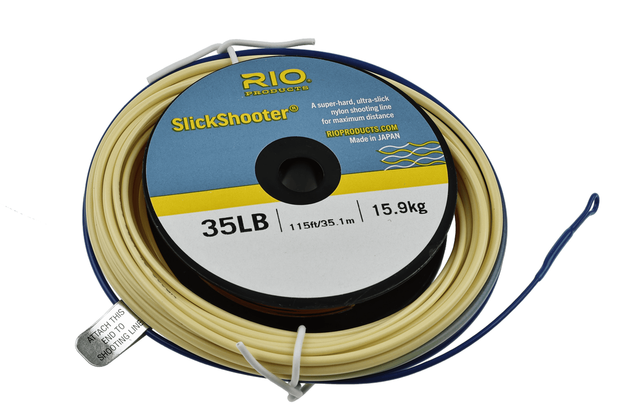 Beige Rio SlickShooter nylon fly line coiled on blue-yellow spool labeled 35LB 115ft, cream shooting line with blue backing