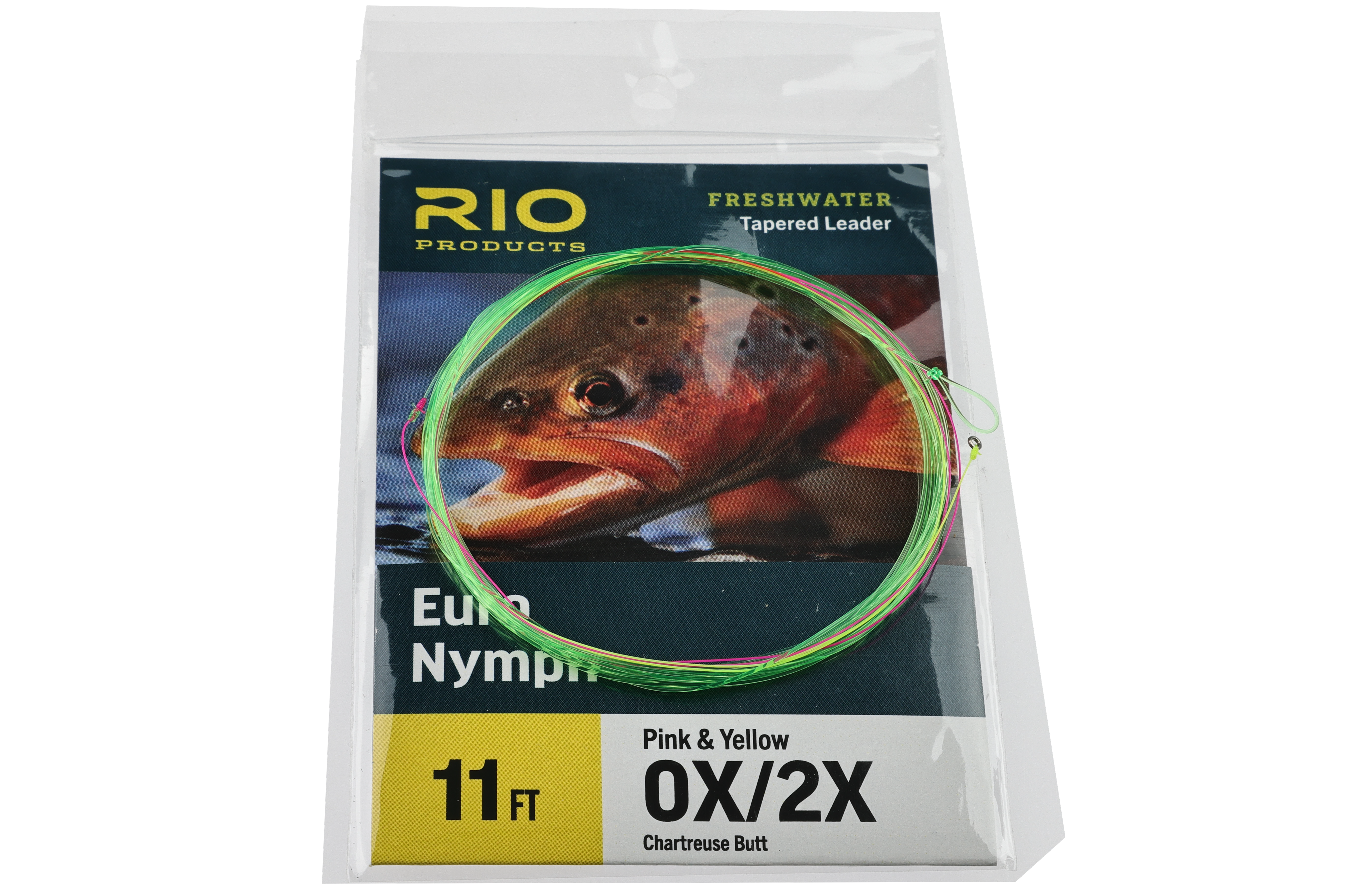 Rio Euro Nymph tapered leader, coiled chartreuse and pink fluorocarbon leader in clear plastic pouch with trout graphic