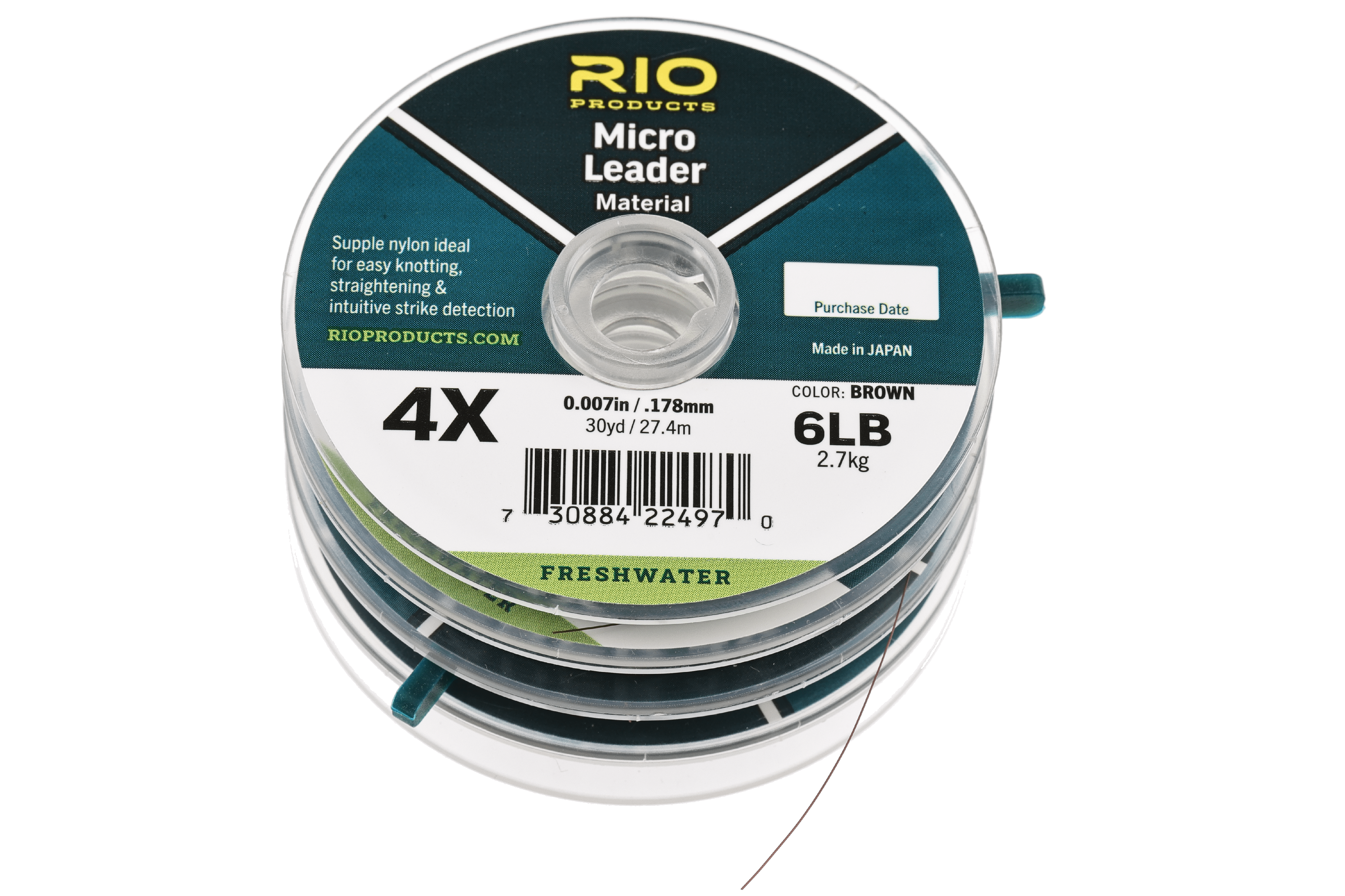 Clear plastic spool of Rio Micro Leader tippet with teal label and visible brown nylon leader line, 6LB 4X