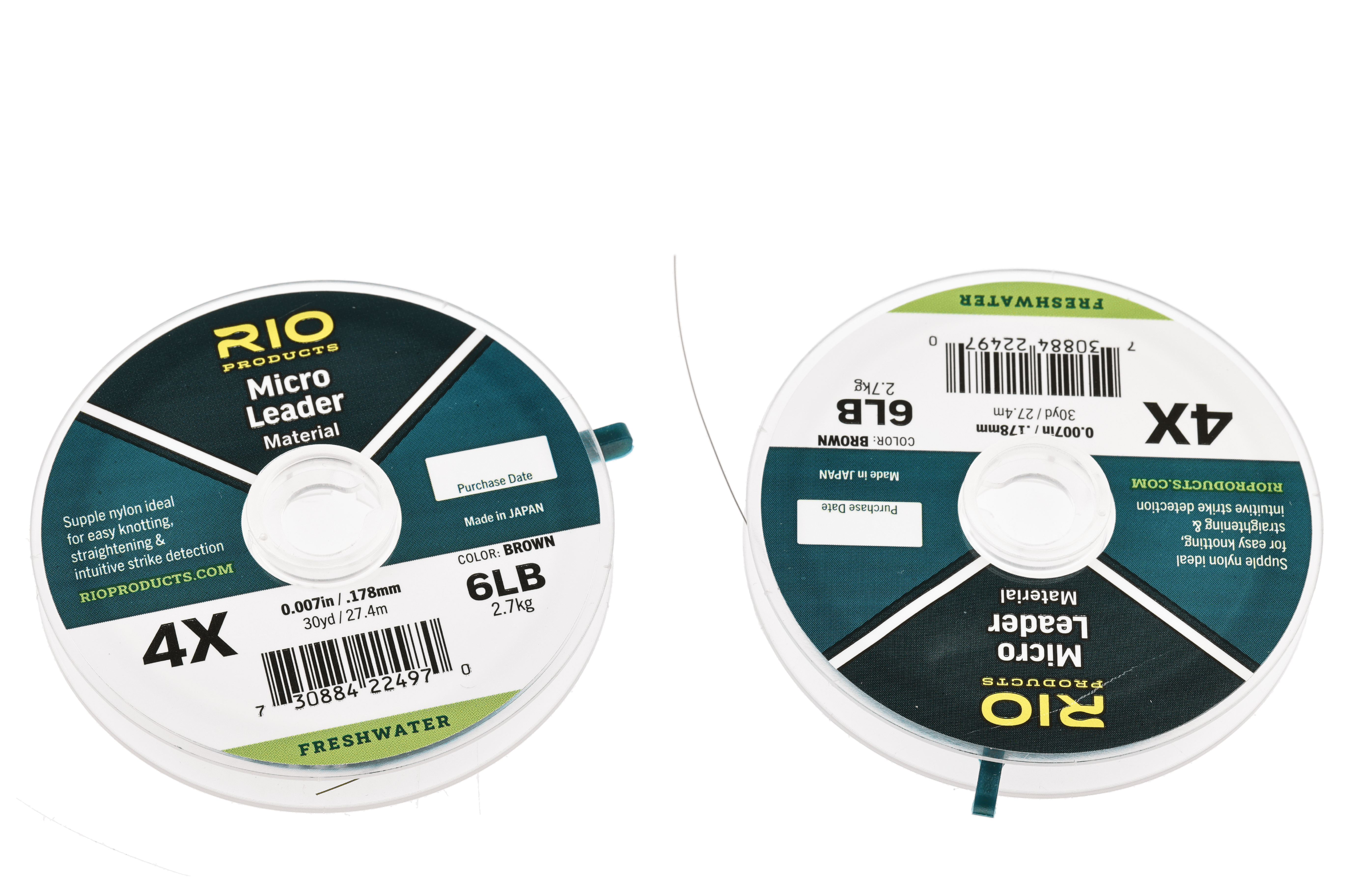 Two Rio Micro Leader spools with teal/white labels and clear nylon tippet line, 4X 6LB freshwater leader material