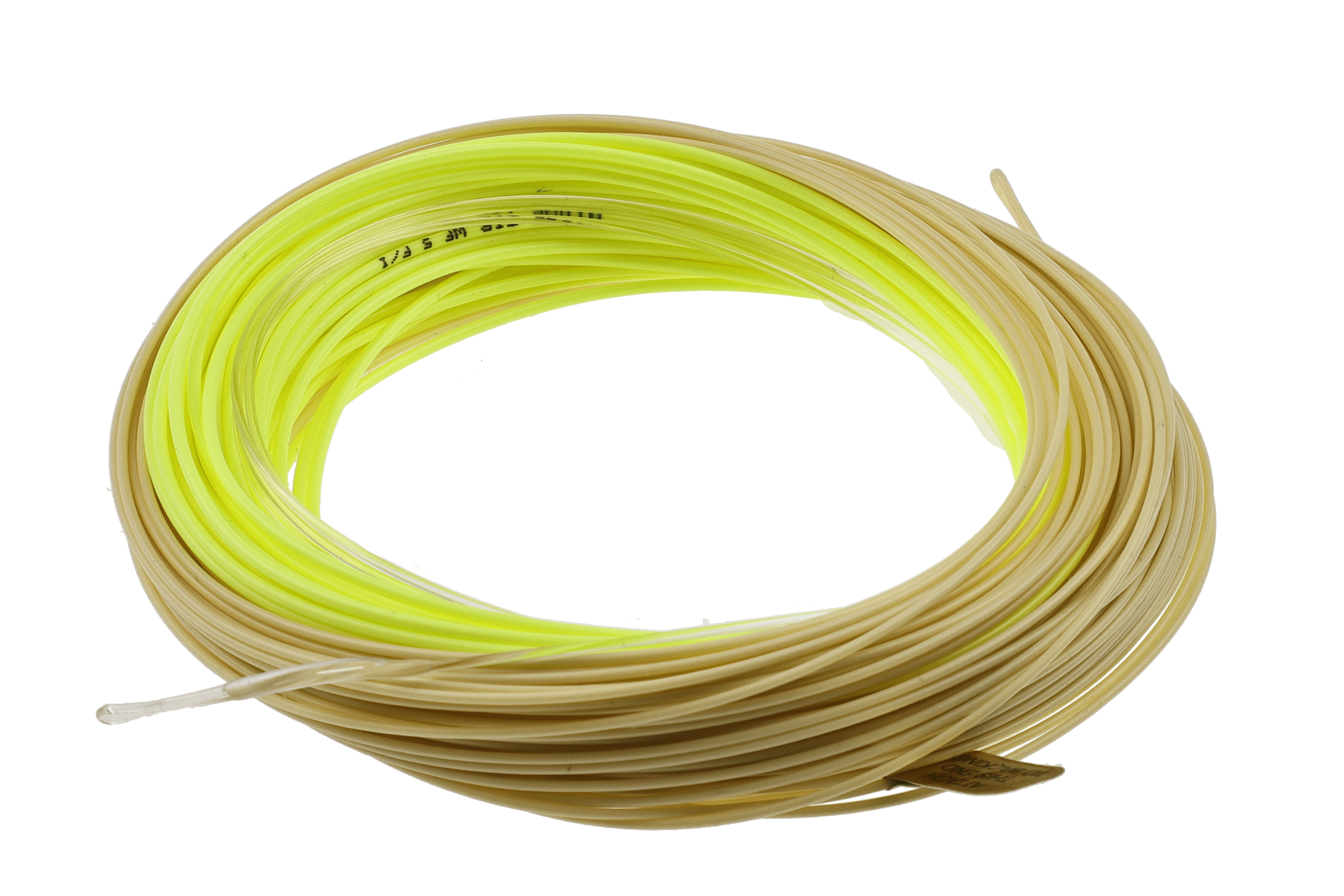 Coiled chartreuse and tan Rio Premier midge-tip fly line with clear long tip, thin synthetic fly fishing line