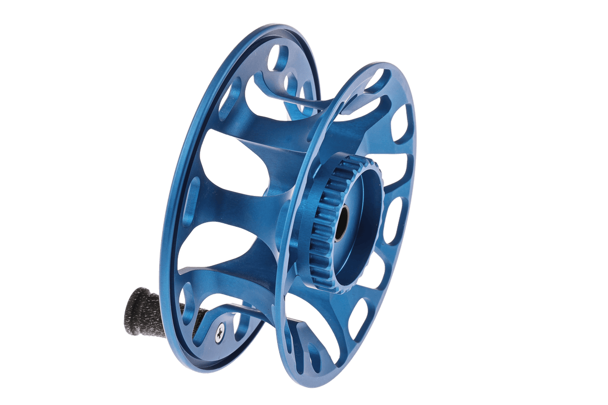 Ross Cimarron Creek blue fly fishing reel spool with gear mechanism and ventilated design