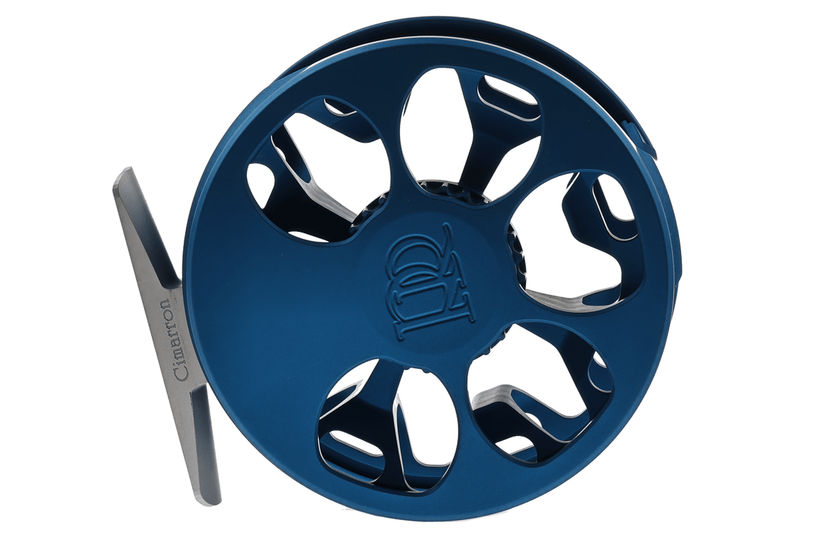 Ross Cimarron Creek blue fly reel with large arbor design and aluminum frame