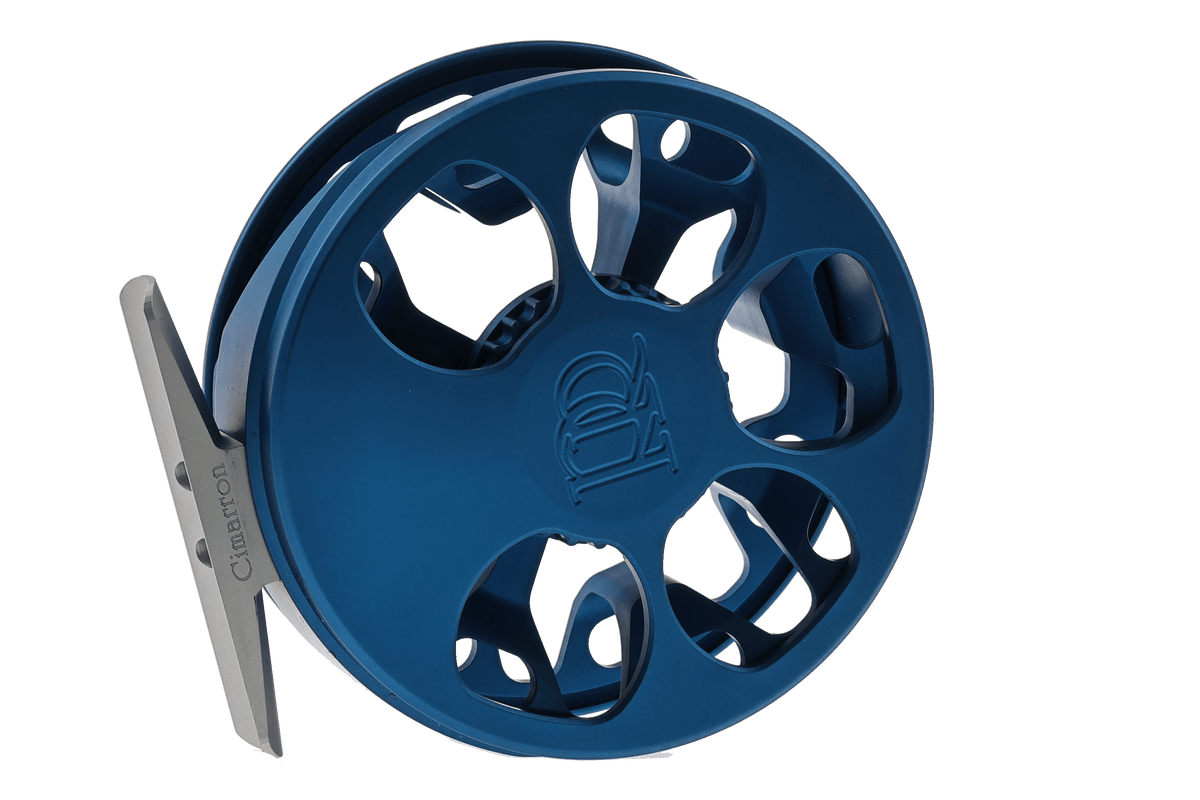 Ross Cimarron Creek blue fly reel with large arbor design and perforated frame construction for freshwater fishing