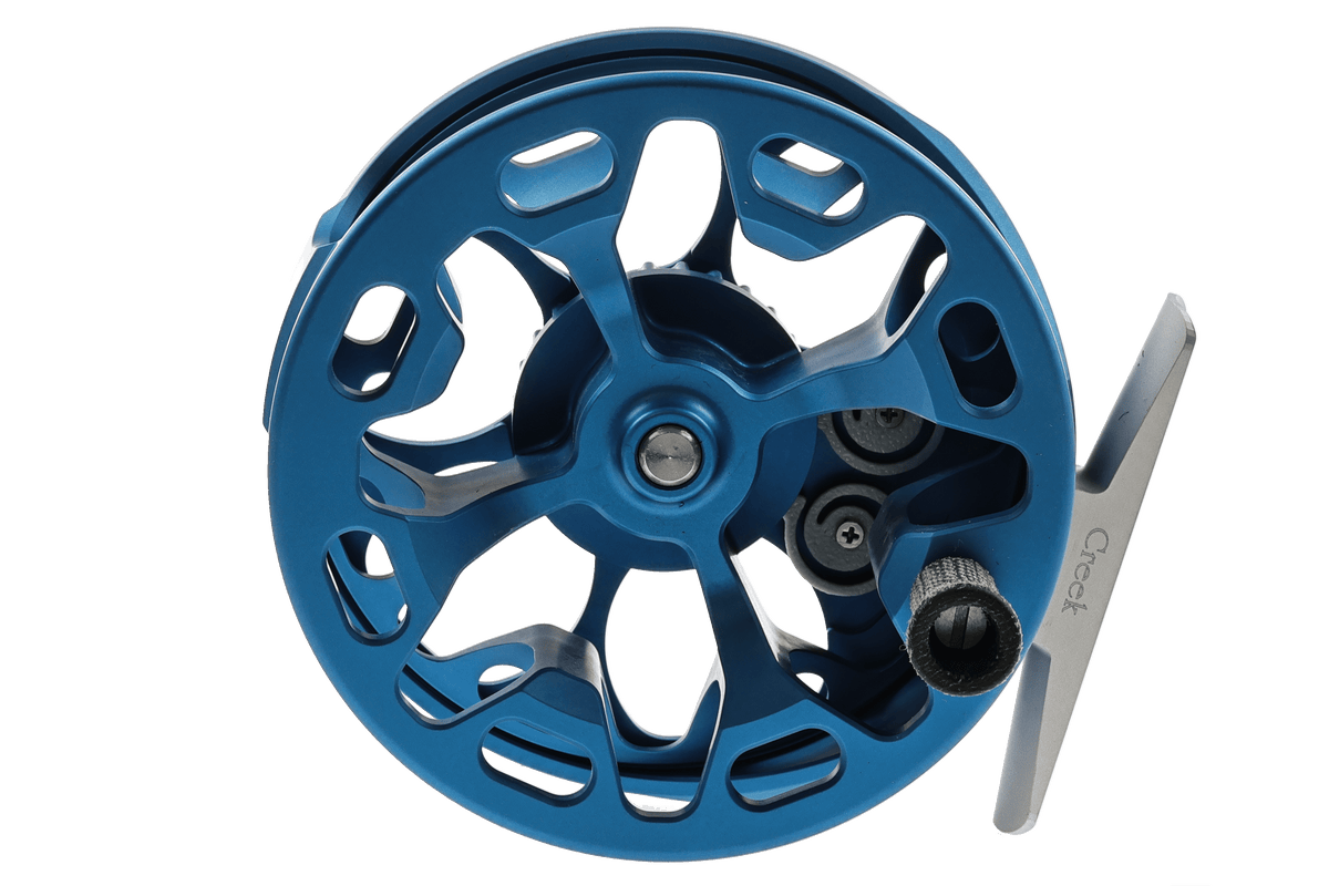 Ross Cimarron Creek blue fly reel with aluminum frame and gray handle, front view