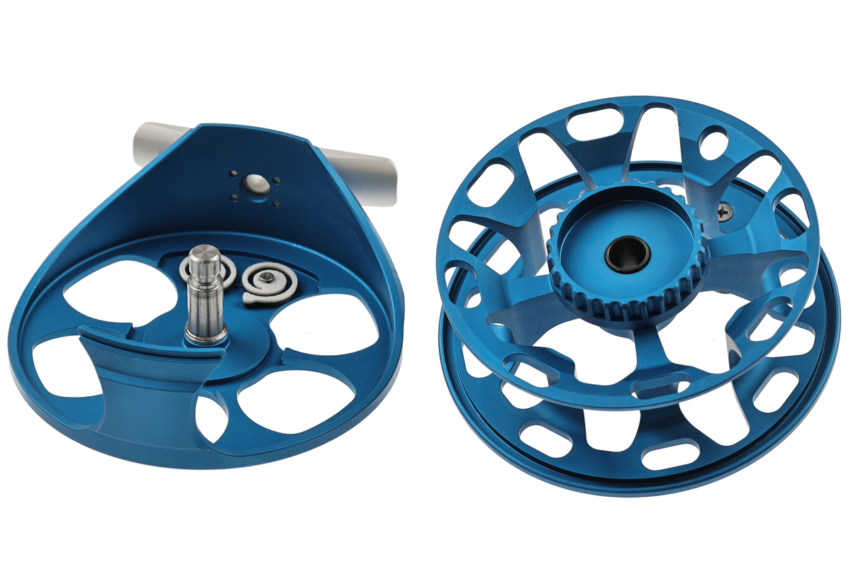 Blue Ross Cimarron Creek fly reel shown from front and side views with precision machined aluminum construction and large