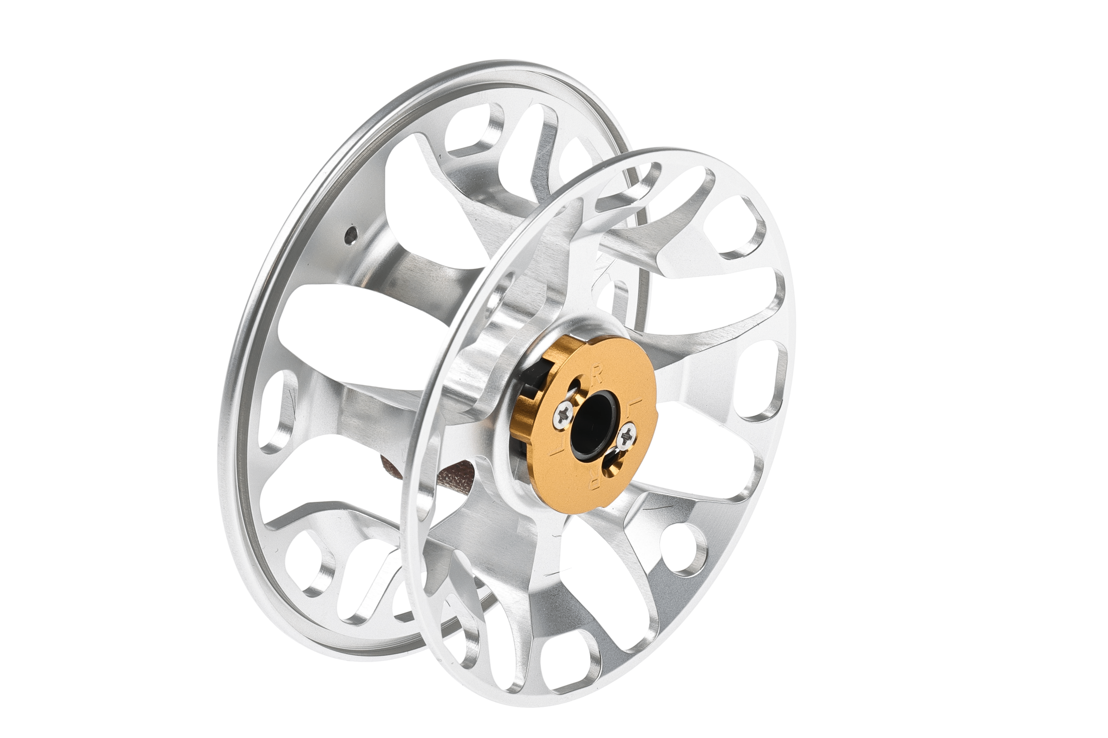 Ross Cimarron LT fly fishing reel spool in silver aluminum with gold center hub, large arbor design